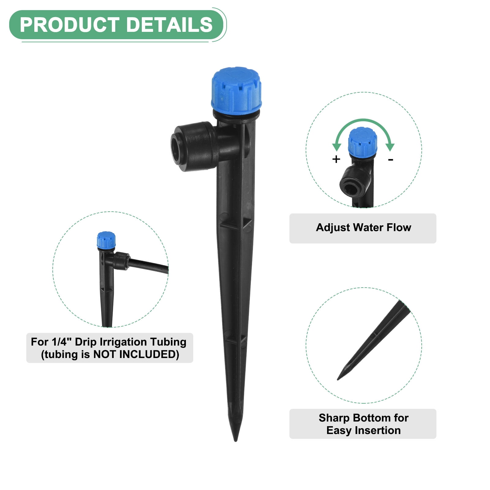 Uxcell 50-Pack Drip Irrigation Emitters, Adjustable 360 Degree Water Flow 8 Holes for 1/4" Tubing [Blue, Drip]