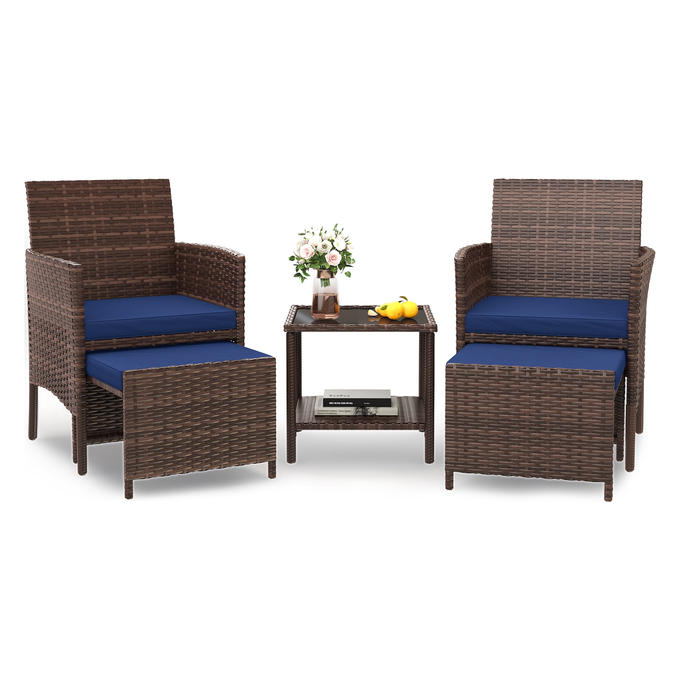 UDPATIO Balcony Furniture 5 Piece Patio Furniture Set, Outdoor Brown Wicker Chairs with Ottoman, Navy