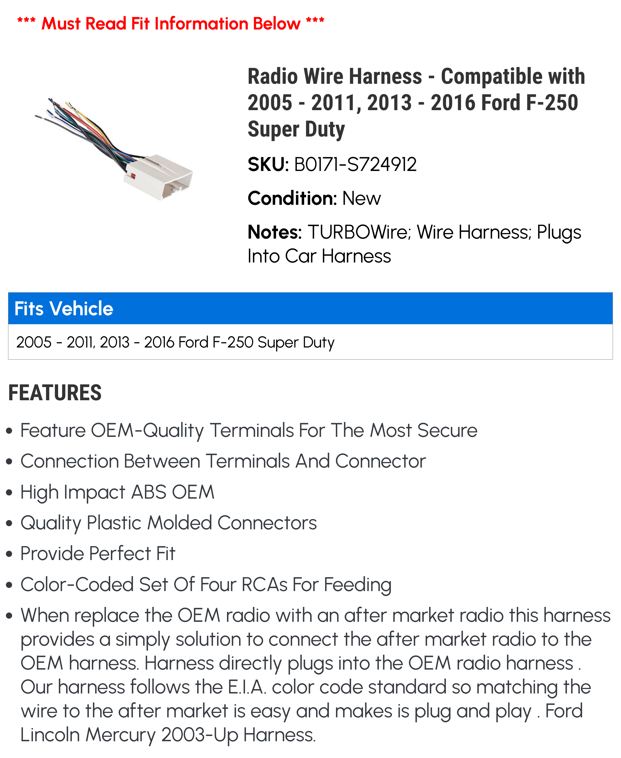 2016 Ford F250 Super Duty Stereo Wiring Harness