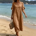 thumbnail image 2 of Summer Womens Dress Fashion Casual Linen Short Sleeve Solid Color Pockets Midi Dress, 2 of 9