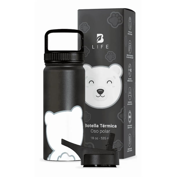 Botella de Agua para Niños 532ml Oso Polar | Con Asa, 2 Tapas, 2 Popotes y Cepillo | Libre de BPA | B Life