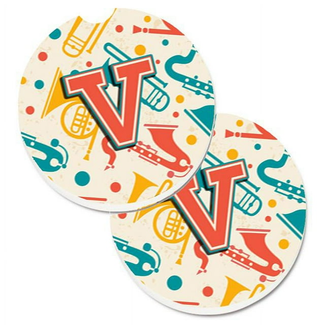 Carolines Treasures CJ2001-VCARC Letter V Retro Teal Orange Musical Instruments Initial Set of 2 Cup Holder Car Coaster