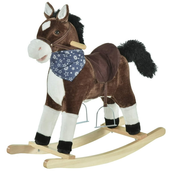 Cowboy Themed Plush Rocking Horse for Children 3-6, Realistic Sounds and Stirrups, Safe Rocking Motion, Soft Fabric, Brown