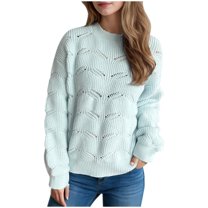Alkepwun Sweaters for Women Crewneck Cute Hollowed Out Long Sleeved Loose Fall Winter Knitted Pullover Tops