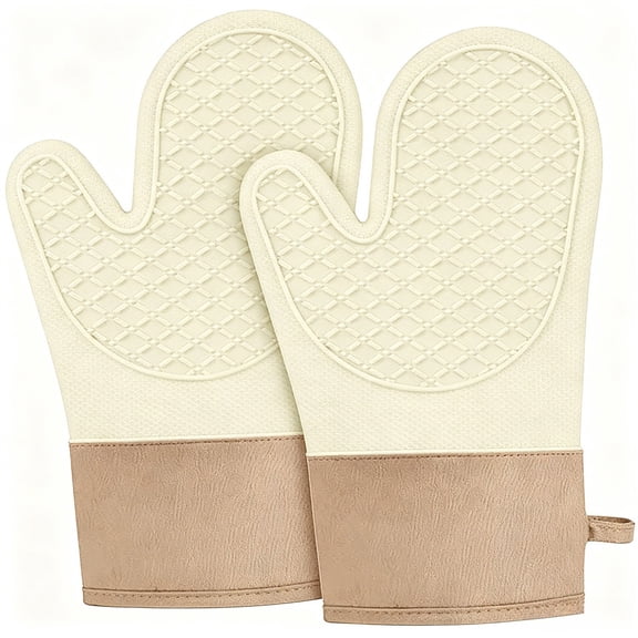 Oven Mitts Heat Resistant up to 500°F, Non-Slip Silicone Kitchen Gloves, Waterproof Soft Lining, 1 Pair Beige for Cooking Baking Grilling
