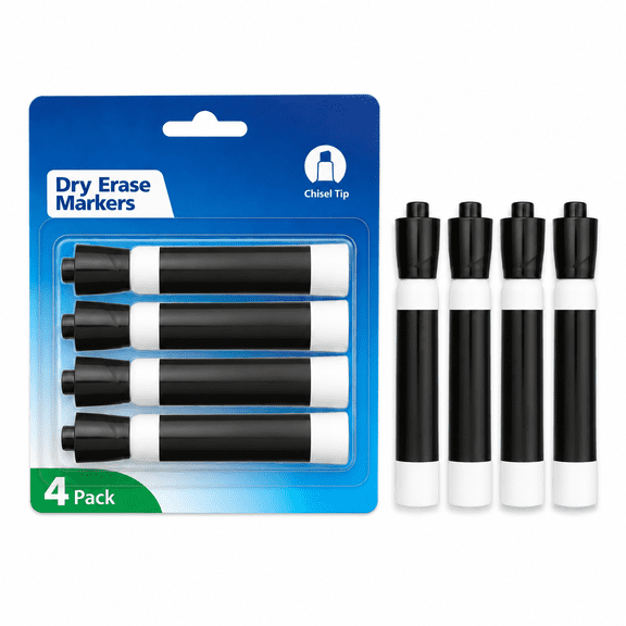 4pk Dry Erase Marker, Chisel Tip, Black, 4 Count