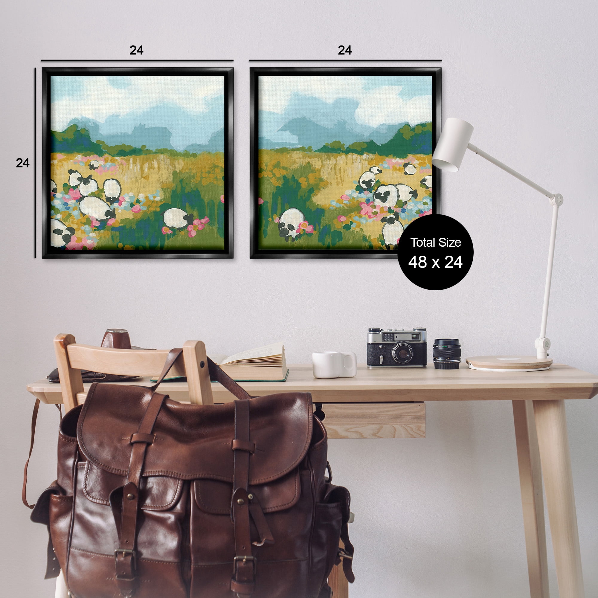 Stupell Industries Scattered Sheep in Field Landscape Painting Black Floater Framed Canvas Art Print Wall Art, 25 x 25, Set of 2