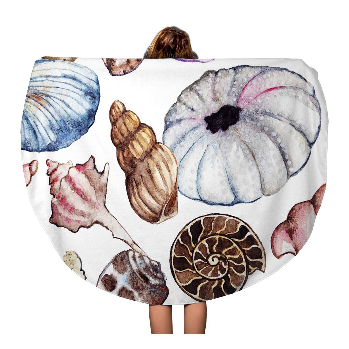 SIDONKU 60 inch Round Beach Towel Blanket Blue Watercolor Sea Ocean