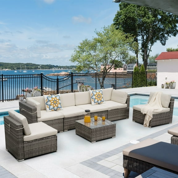 Cozyhom 7-Piece Outdoor Sectional Sofa Set All-Weather Rattan Conversation Set with Table, Gray