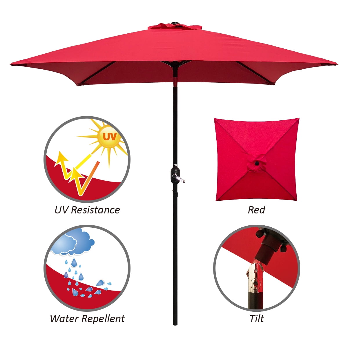 Abble Red Rectangular Patio Umbrella, Cast Aluminum Crank and Alloy Tilt