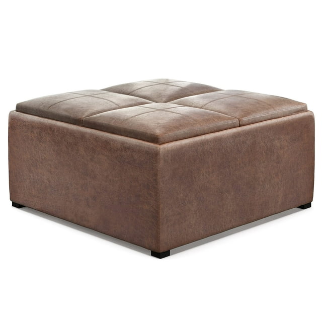 Simpli Home Avalon Table Basse Ottomane de Rangement à Dessus Relevable avec Quatre Plateaux Rabattables et Grand Compartiment de Rangement, Similicuir Brun Terre d'Ombre Vieilli