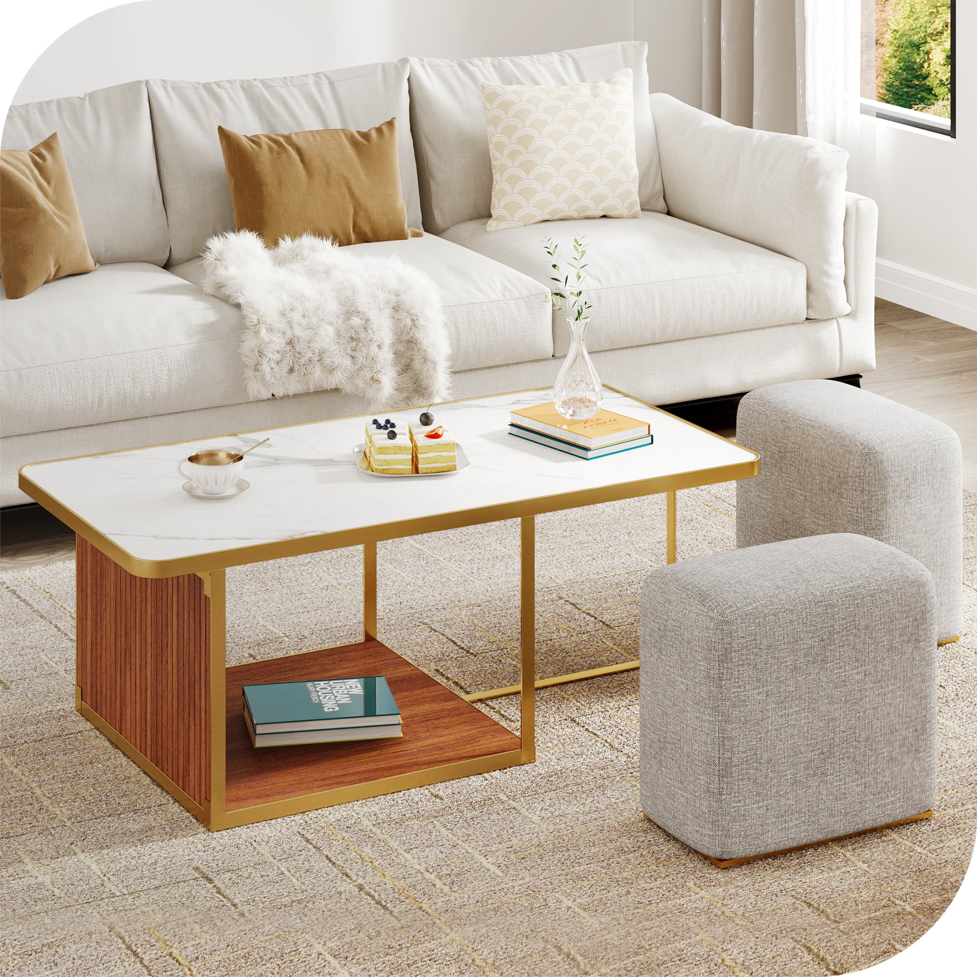 Modern Coffee Table with 2 Stools Stone Tabletop Rising Top Coffee