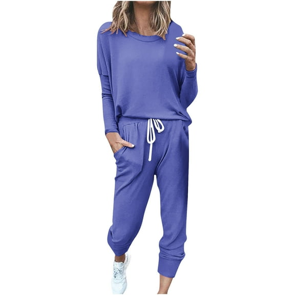 YUGYXL Women's Fall 2 Piece Lounge Outfit Long Sleeve Tops High Waisted Jogger Pants Set Spring Travel Clothes Tracksuits Blue S