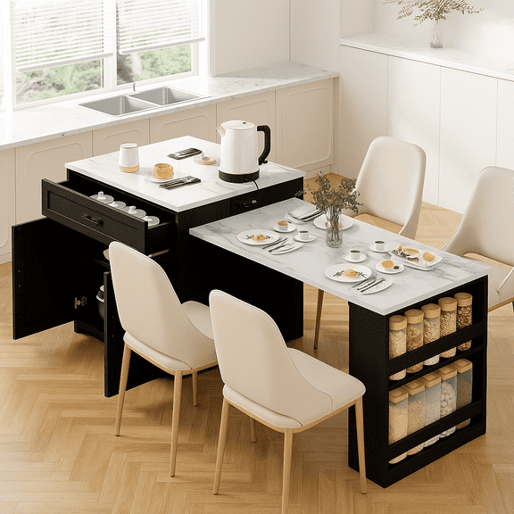 K&K 82.7 inch Kitchen Island with Extendable Dining Table for 4-6 Person,Faux Mable Kitchen Table with Double-sized Storage,Power Outlet,Kitchen island with Storage 2 Drawers 2 Side Open Shelves