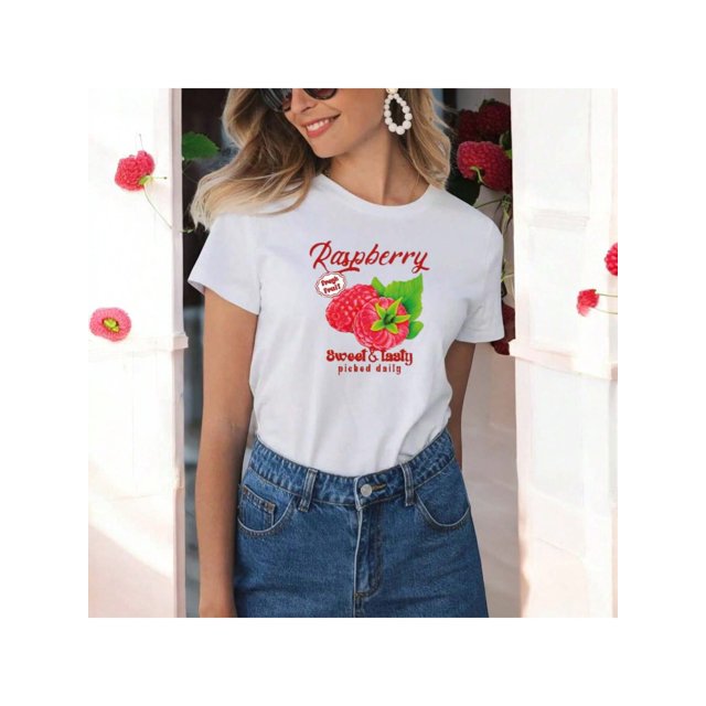Playera Blusa De Frambuesa Raspberry Sweet & Tasty – Dulce Estilo que Te Hace Brillar Color Blanco Talla Chica Marca Emil SaEs