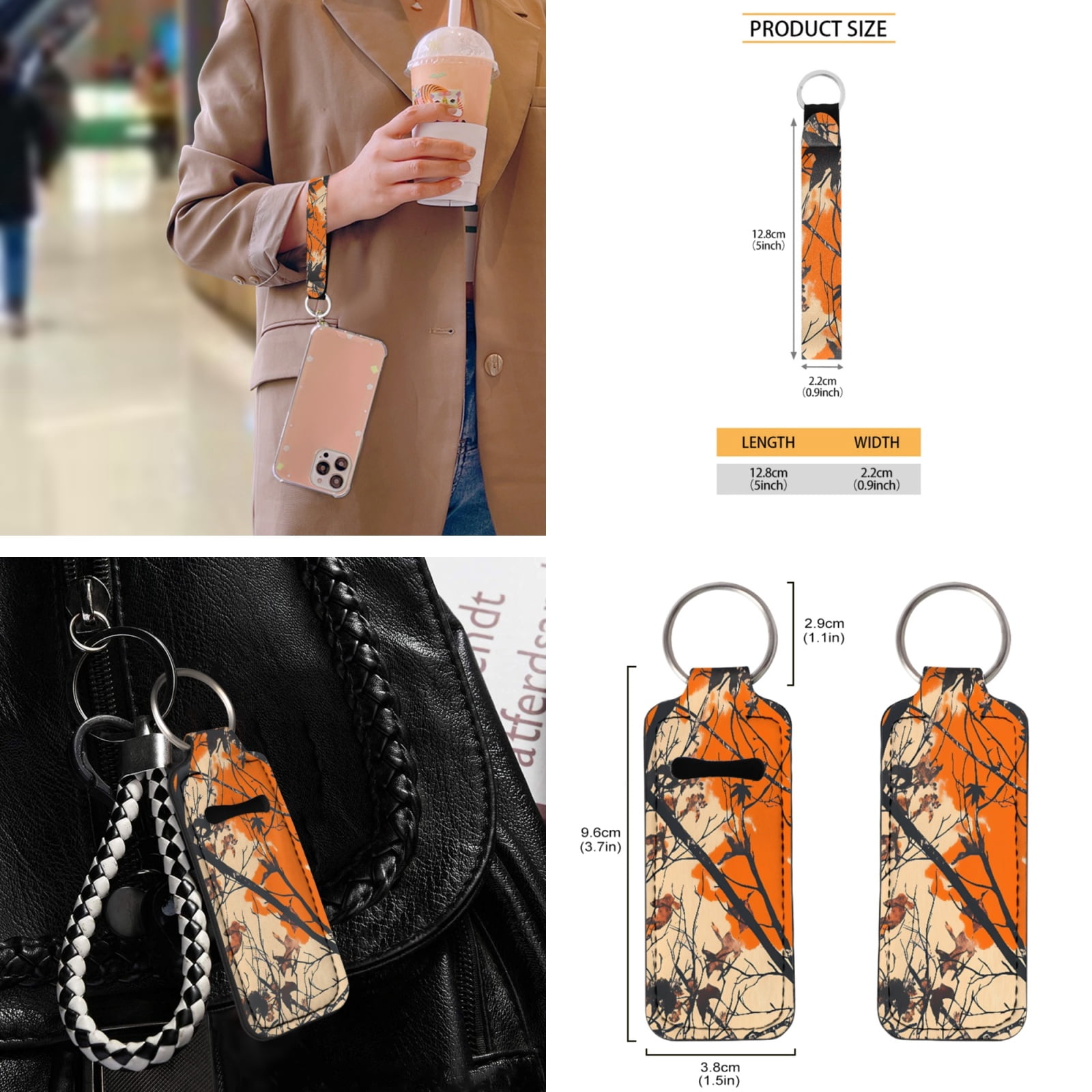 Yuyamidu Camo Hunting Car Seat Covers Full Set 12 PCS Orange Wood Steering Wheel Cover Seat Belt Strap Pads Cup Coasters Keychain Auto Decor