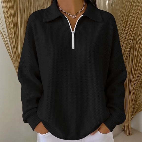 Women's Waffle Quarter Zip Pullover, Stand Collar Drop Shoulder Sweatshirt, Solid Color Long Sleeve Top, Casual Textured Blouse, Comfort Stretch Pocket Pullover Black L