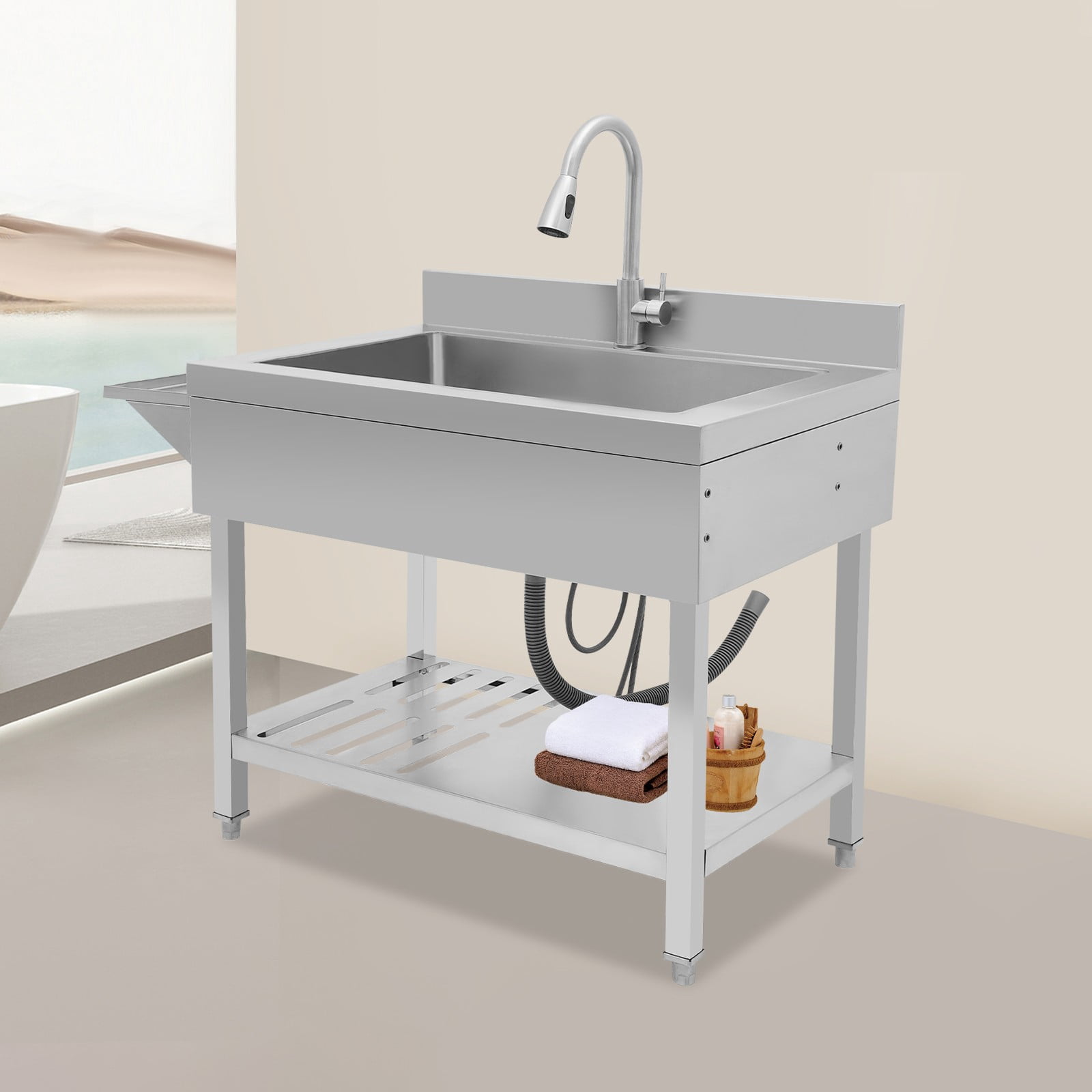 Silver Stainless Steel Single Bowl Sink, 35.4" x 22.4" x 37" Commercial Kitchen Sink Freestanding Prep & Utility Sink with Cold and Hot Water Faucet for Kitchens, Bathrooms, Garage, Laundry Room