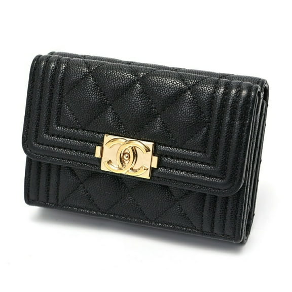 Pre-Owned CHANEL Boy Chanel Tri-fold Wallet Compact A84432 Caviar Skin Black S-157870