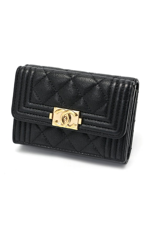 Pre-Owned CHANEL Boy Chanel Tri-fold Wallet Compact A84432 Caviar Skin Black S-157870