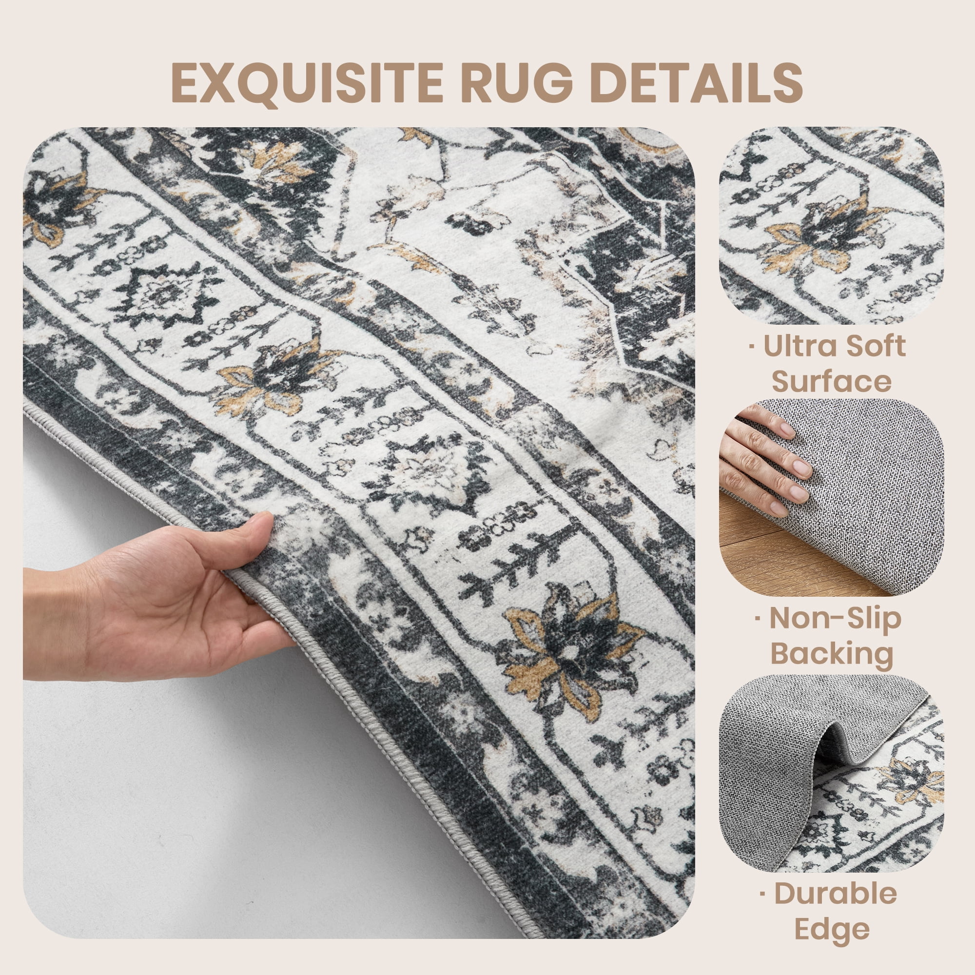 Roxstand 2.5'x16' Washable Runner Rug for Hallway Entrance Bedroom Entryway, Vintage Non Slip Stain Resistant Kitchen Rugs, Black