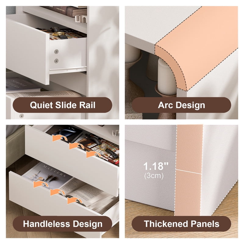 1-PCS Modern Nightstand with Charging Station, Wooden Bedside Storage Table with 2 Handleless Drawers & Open Compartment