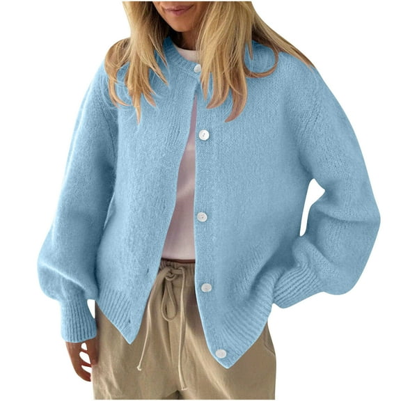JGGSPWM Women's Long Sleeved Round Neck Solid Color Button Up Cardigan Fall Winter Fashion Knitted Sweater Outwear Blue S