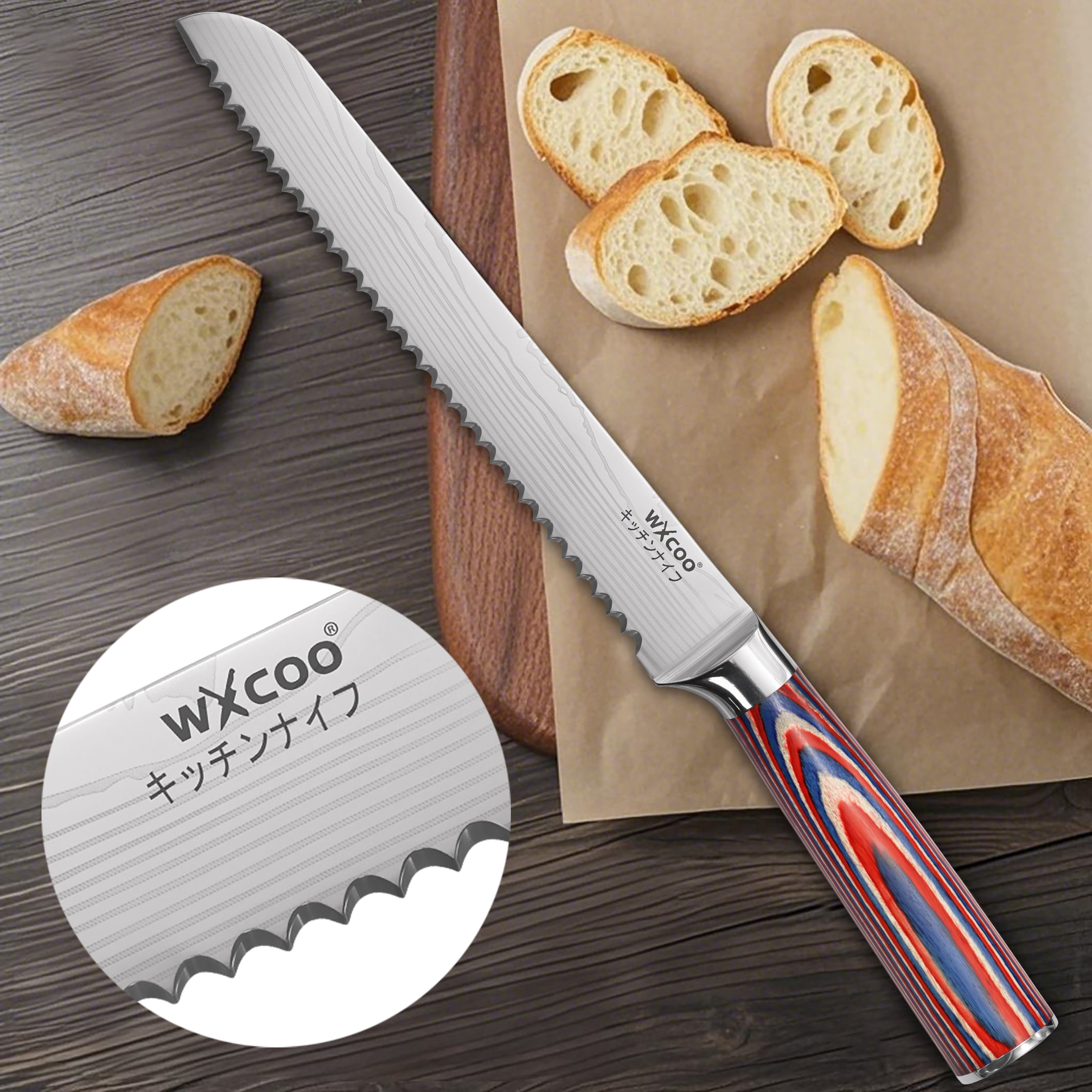 WXCOO 9 Piece Kitchen Knife Set, 5Cr15MoV Stainless Steel Chef Knife Set with Colorful Wood Handle, Multi-Purpose Sharp Cooking Knives for Home Kitchen Cutting Chopping Slicing
