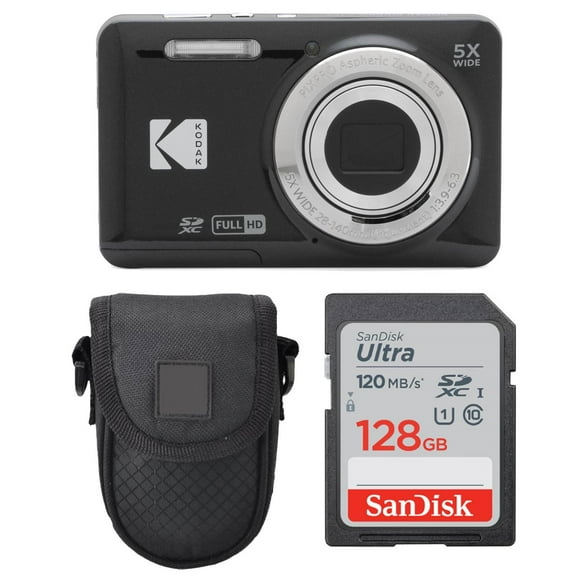 Kodak PIXPRO FZ55 Digital Camera (Black)   Point & Shoot Camera Case   Sandisk 128GB SDXC Memory Card
