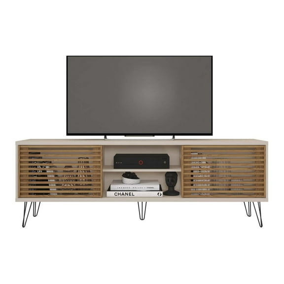 Frizz Mid-Century Modern TV Stand for up to 70 Inches TV in Off White and Natural Oak