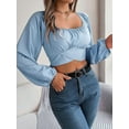 thumbnail image 6 of Women'S Ruched Wrap Square Neck Flounce Long Sleeve Self Tie Crop Top Blouse Light Blue XL, 6 of 8