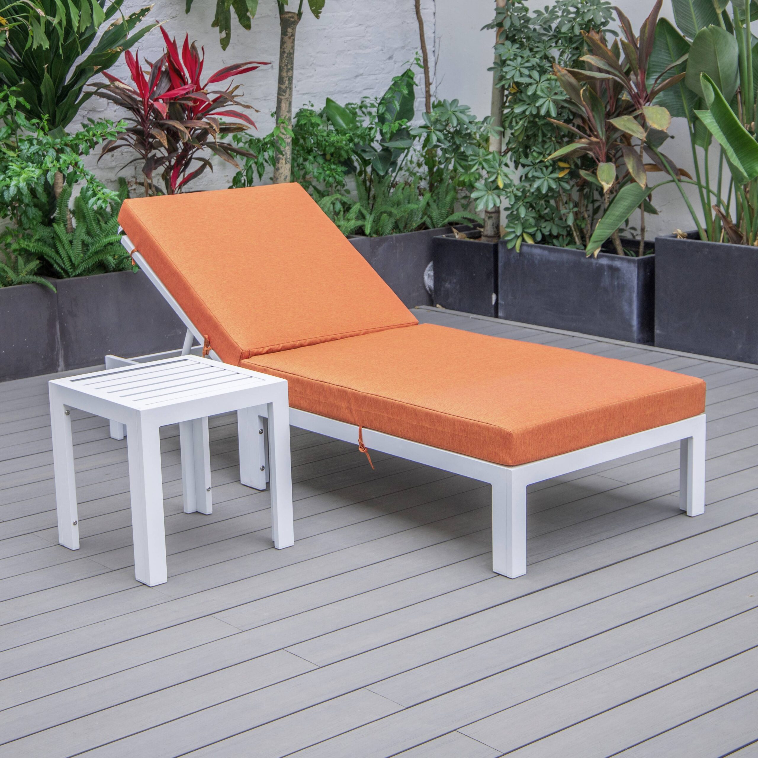 LeisureMod Chelsea Modern White Aluminum Outdoor Chaise Lounge Chair With Side Table & Orange Cushions - image 2 of 13