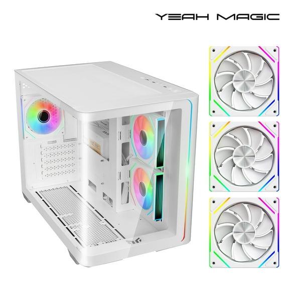 YEAH MAGIC Biforst MATX PC Gaming Case ARGB Full Clear-Side High-Airflow Light Strip Sturdy One-Piece Curved Glass With 3 ARGB Fans Mid-Tower Art Computer Chassis Striped Rainbow Lamp White