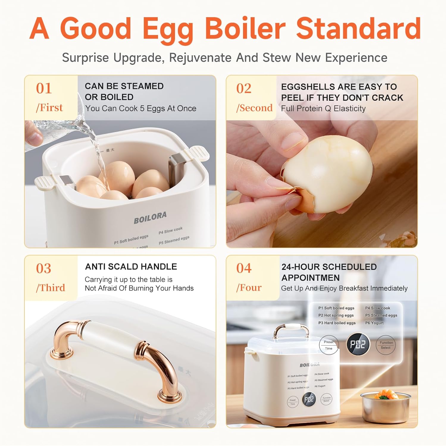 BOILORA Smart Egg Cooker for Soft Medium Hard Boiled Eggs with 24-Hour Delay Timer and Auto Shut-Off Stainless Steel Rack BPA-Free
