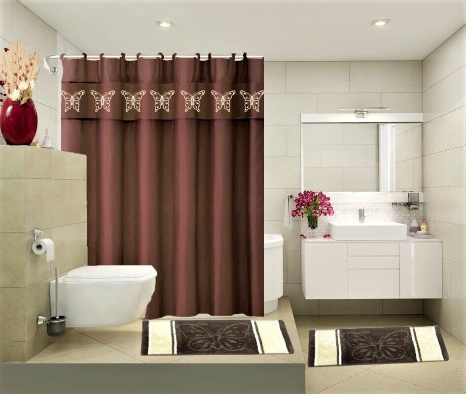 Details about   Pink Flowers and Iron Tower Shower Curtain Toilet Cover Rug Mat Contour Rug Set 