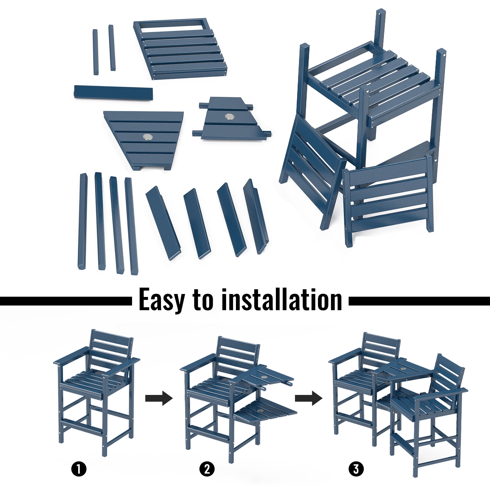 FOOWIN HDPE Plastic Tall Adirondack Chair Set of 2 W/ Outdoor Barstools and Connecting Tray, Blue