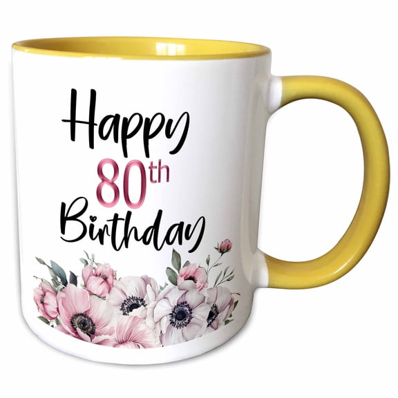 3drose, Pink and White Anemone Flowers Happy 80th Birthday, 15oz Two-tone Yellow Mug