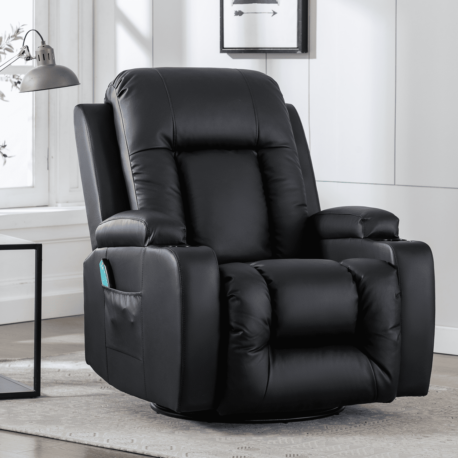 Swivel Leather Reclining Sofa, Black Leather Rocking Recliner Chair