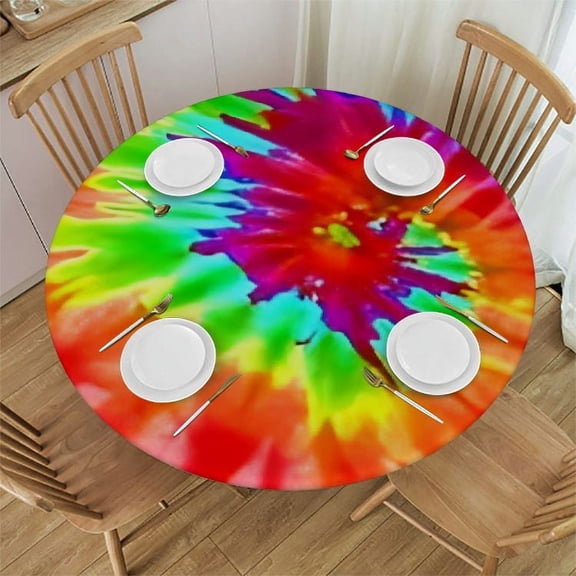 HAOXIT Tie Dye Round Fitted Tablecloth,, Elastic Edge, Suitable for Table Decoration, Buffet and Camping, Fit for Round Table 31-35