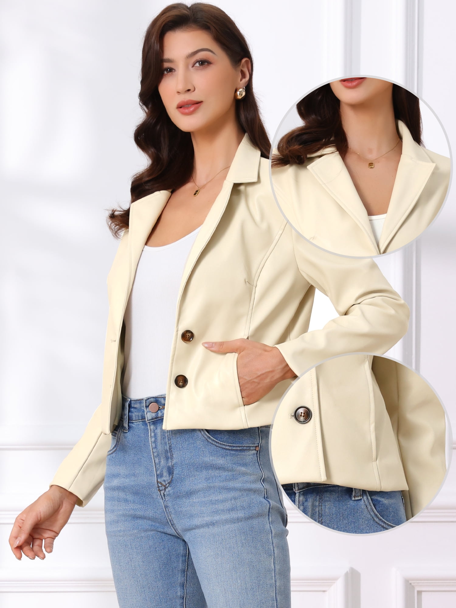 DARING DIVA Women's Faux Leather Motorcycle Jacket for Women Casual Cropped PU Leather M White