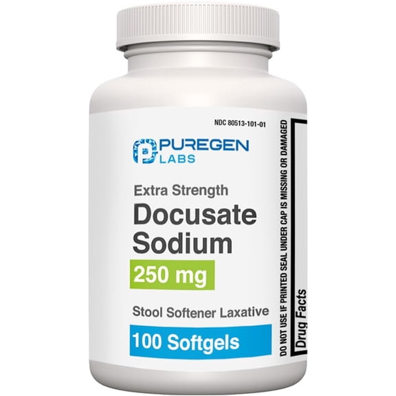 Puregen Labs Docusate Sodium Stool Softener Laxative Softgels for Gentle Constipation Relief 250 mg 1PK 100 Count