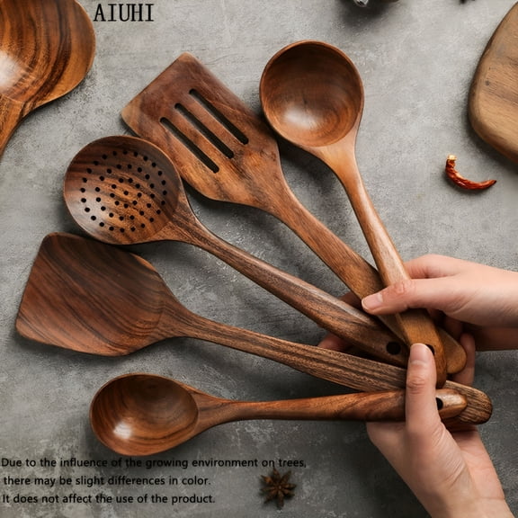 ACDANC 5PCS Teak Wood Cooking Spoon Set - Non-Stick Heat-Resistant Utensils for Wok&Kitchen - Durable Skimmer Spatulas Soup Scoops Turners - Rustic Charm Cutlery Ensemble