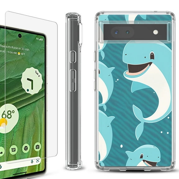 Shockproof Bumper Phone Case for Google Pixel 6a, with Tempered Glass Screen Protector, by OneToughShield ® - Smiling Dolphin