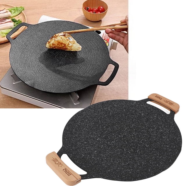 Poêle à Griller Coréenne avec Revêtement Antiadhésif, Poêle à Griller Ronde en Fonte avec Poignées, Poêle Multifonctionnelle pour Grillades Intérieures et Extérieures