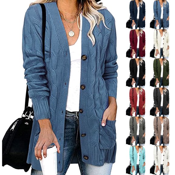 CAIXIA Women Long Sleeve Open Front Button Cardigan Casual Lightweight Long Cardigans Loose Knit Outwear with Pockets
