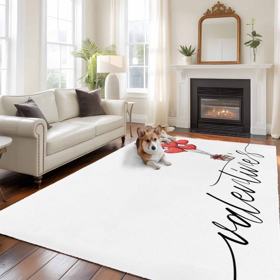 Valentine's Day Large Area Rugs 5x8 ft Red Love Heart Balloons Gift Cartoon Modern Washable Rug Non Slip Indoor Carpet Absorbent Floor Mat for Living Room Bedroom Dining Room