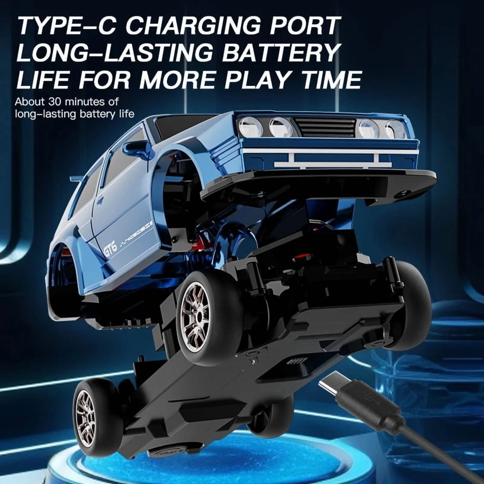 1:43 Scale RC Drift Car with Gyroscope, 2.4G High-Speed Full-Scale Remote Control Car, 4WD Mini Racing Vehicle with LED Lights for Adults and Hobbyists, KF30 - Blue/2 Batteries