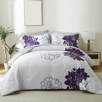 Flymme Full Size Comforter Sets 7 Piece Bed in a Bag Purple Floral Printed on Gray Comforter Set with Sheets Botanical Complete Bedding Set for All Season