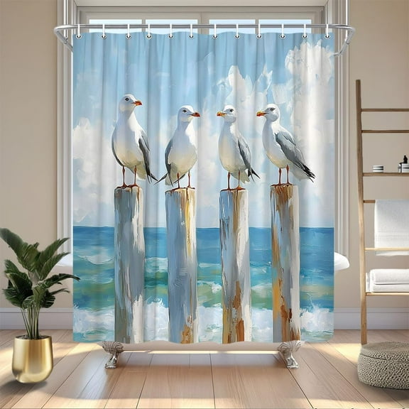Beach Shower Curtain for Bathroom, Seagull Ocean Theme Shower Curtain Sets with Hooks Blue Seaside Coastal Style Waterproof Polyester Bathroom Curtain Home Decor, Teal Blue 72"W x 78"L (Pack of 1)