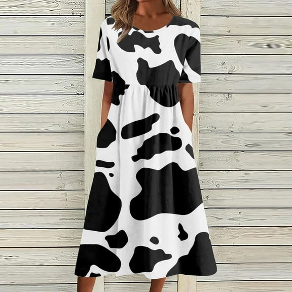 Elvqul Dresses Women Print Loose Black Midi Summer Crew Neck Short Sleeve Dresses